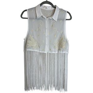 Miltau White Sleeveless Floral Collar Fringe Blouse Boho Western Trend Sz Small